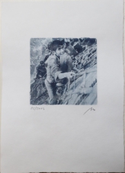 Boatpeople, Kontaktkopie von gerastertem Negativ auf Bütten, Tonung gebleicht